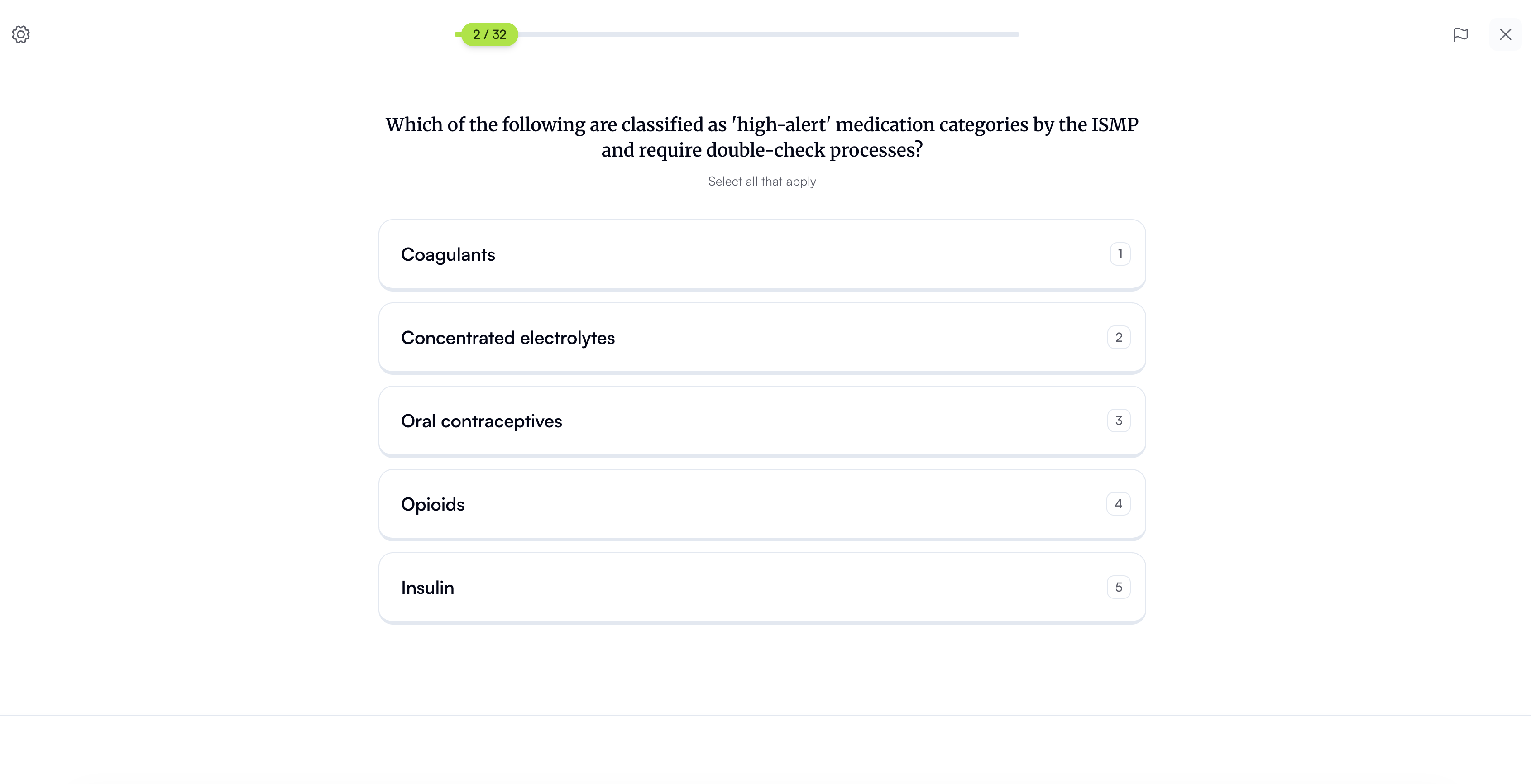 A pharmacy quiz question about high-alert medication categories, generated by Quizgecko